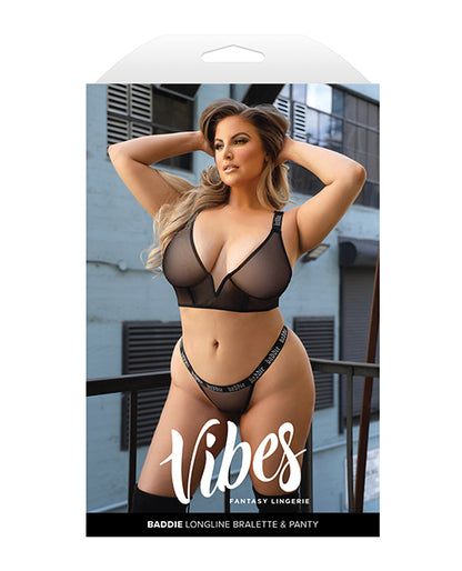Vibes Baddie Glitter Mesh Long Line Bralette &amp; Thong Black QN