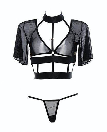 Adore Dreamer Sheer Mesh Strappy Top &amp; Thong Black O/S