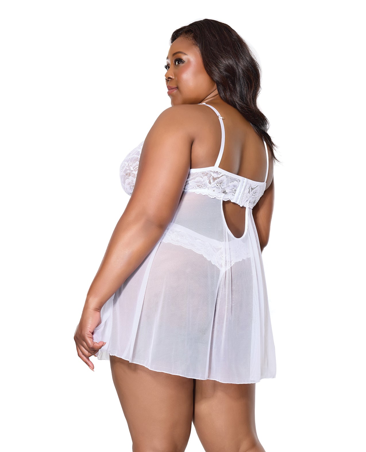 Scallop Stretch Lace &amp; Mesh Babydoll w/Thong - White 1X/2X