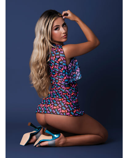 Hazy Dayz Gummy Bears Blacklight Reactive Halter Top w/Thong &amp; Dress 3 pc Set - Multi S/M