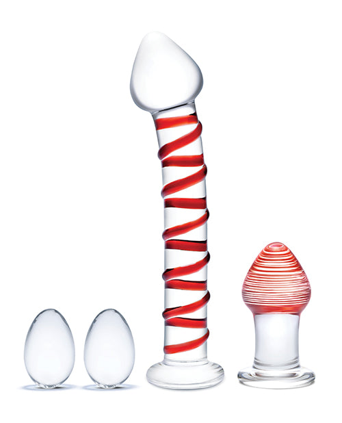 Glas 4 pc Mr. Swirly Set w/Glass Kegel Balls &amp; 3.25" Butt Plug - Red