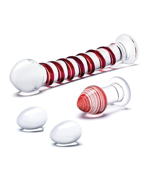 Glas 4 pc Mr. Swirly Set w/Glass Kegel Balls &amp; 3.25" Butt Plug - Red